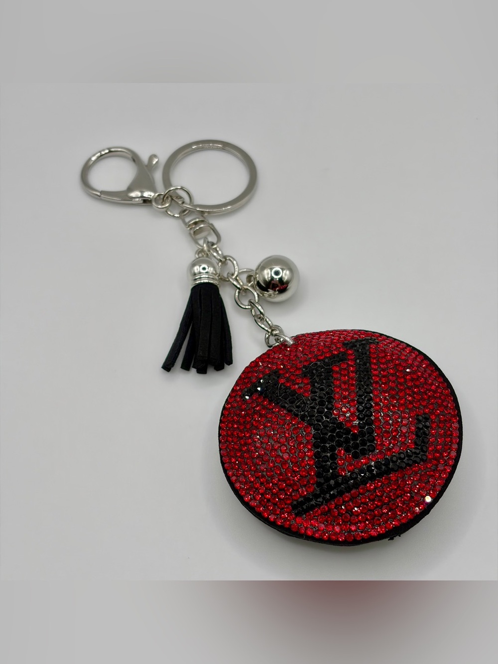Red Crystal Round Keychain with Black Monogram Accent